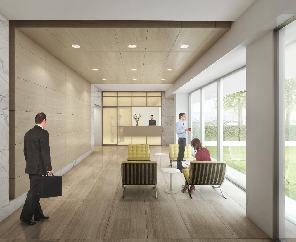 The public Reception lobby was designed to be warm and welcoming, with glazed walls that allow views out onto the bioswales and the rest of the campus.