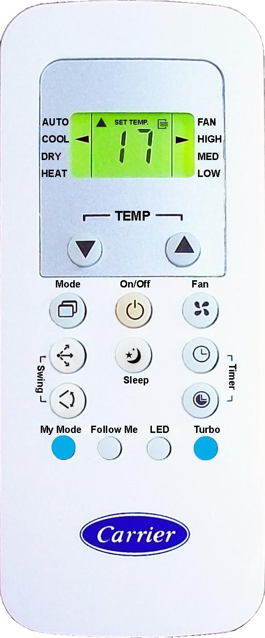 indicator Control Buttons 1 MODE selection button AUTO - COOL - DRY - FAN LOW MED FAN SPEED indicator FAN SPEED indicator LOW FAN SPEED indicator MED Decrease temperature button The set temperature