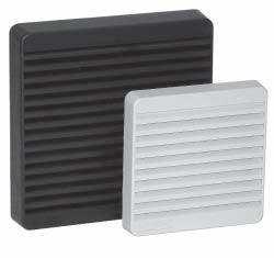 Integral gasket on reverse of grill seals against enclosure surface. Available in black, RAL7035 light gray, RAL7032 beige and ASA61/ RAL7011 gray to match enclosures.