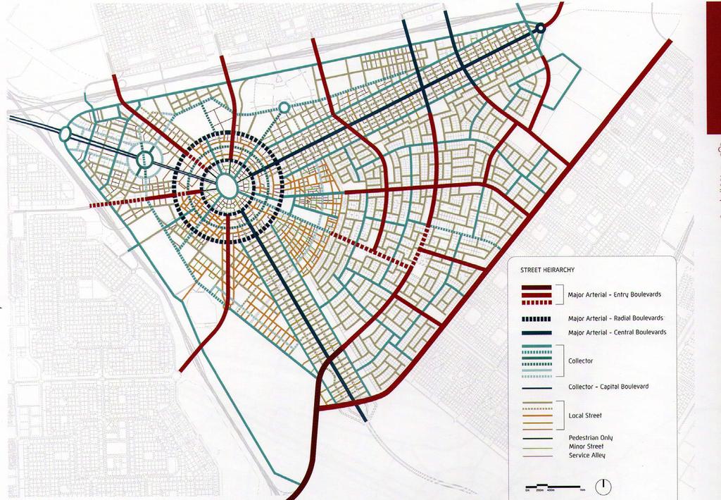Accessibility and Integration Study of Part of the Abu Dhabi 2030 Master Plan by Using Space Syntax 87 Fig. 9 Total depth segment length weight R800 (15 min walk). Fig. 10 Street hierarchy of the Capital District.