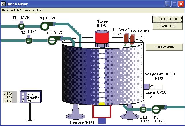 Figure 8-1. The P-SIM Batch Mixing Simulation window. Controlling a Batch Mixing Process G 6. The P-SIM Batch Mixing Simulation window allows control of an industrial batch mixing process.