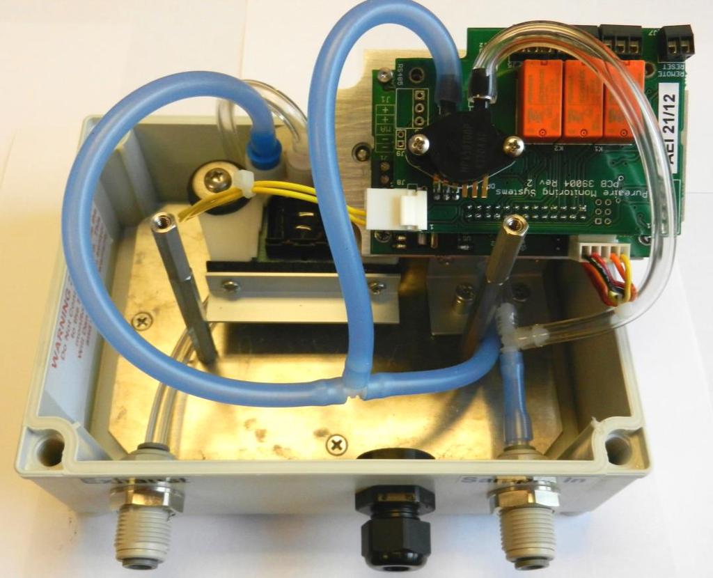 Sample draw monitor Front cover removed Alarm and Fault Relays & Terminal blocks Relays Flow Sensor O 2 Sensor connector Sample pump connector
