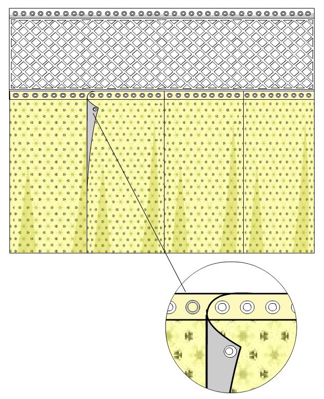 The fabric portion is made up of equally sized panels, and when they are attached to the mesh they are overlapped by 5.