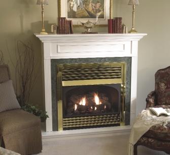 Vail 32 with White Mantel and Base, Custom Designed with Polished Brass Louvers, Frame and 2" Hood The Vail 32 The Vail Series also includes a 30,000 Btu model.
