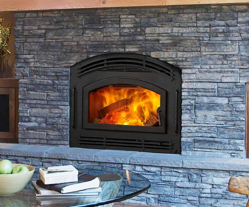 PIONEER II WOOD FIREPLACE PIONEER II SHOWN WITH STANDARD CLASSIC BLACK ARCHED DOOR AND FACE Peak BTU/hr Output 1 74,900 Heating Capacity 2 1,000-2,600 sq ft Max.