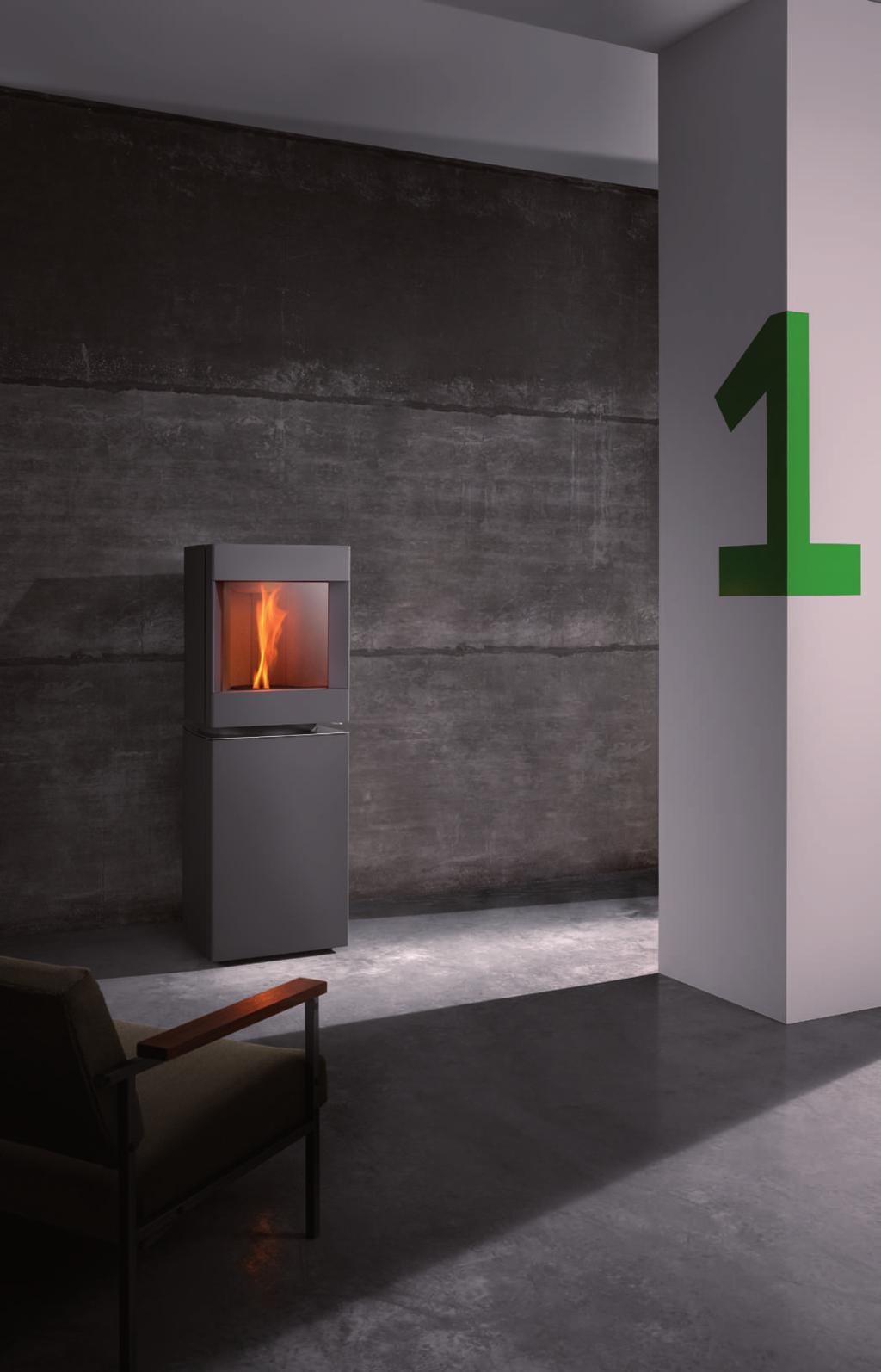 Spotlight on heat + Pellet stove giving a broad, full flame + Pivoting upper part + Operates silently + Bottom