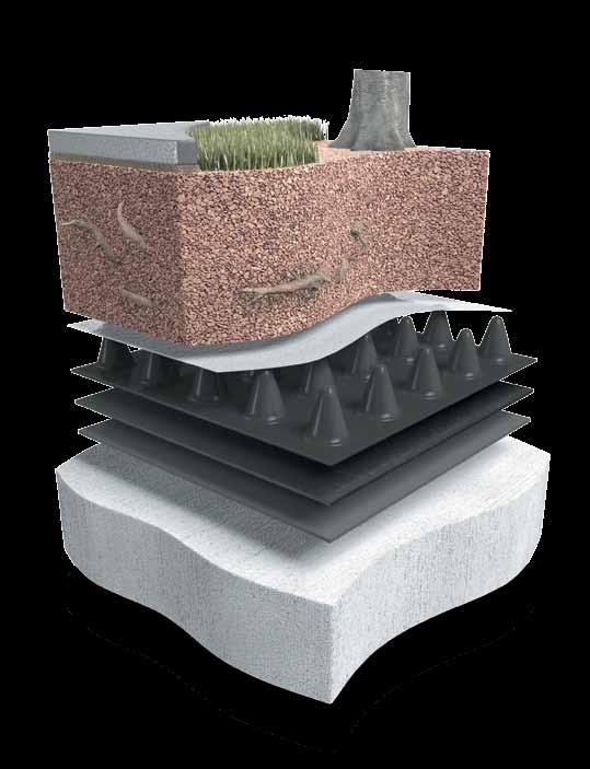 Deckdrain Deckdrain consists of a combination of a cuspated core with a geotextile fleece bonded to the upper face. Deckdrain is manufactured from up to 95% recycled material bonded to the upper face.