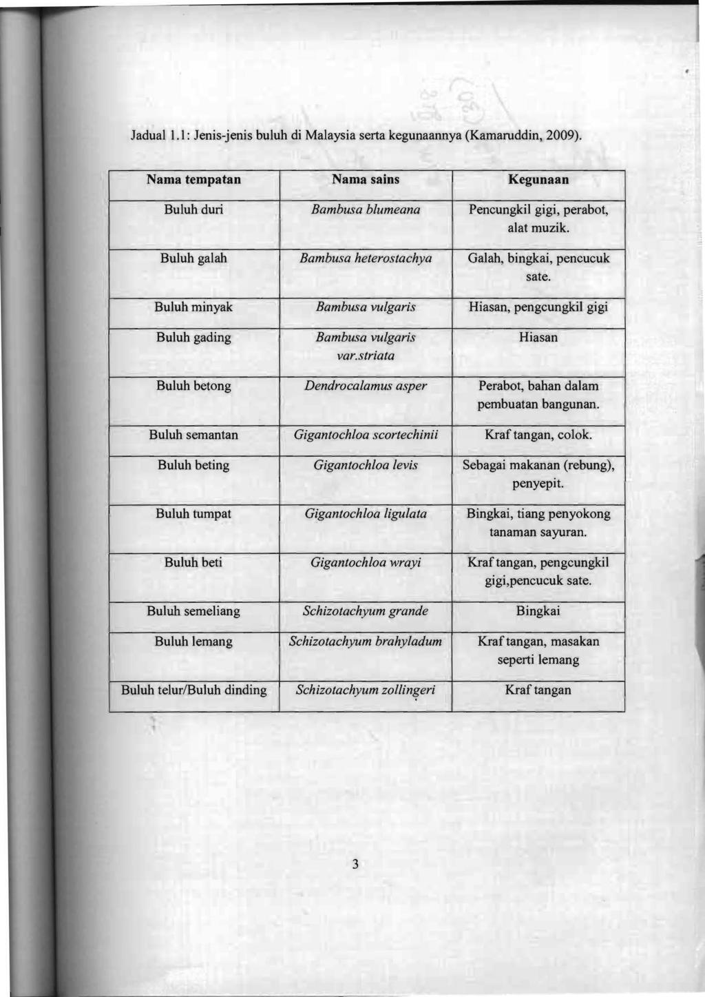 ladual 1.1: lenis-jenis buluh di Malaysia serta kegunaannya (Kamaruddin, 2009). Nama tempatan Nama sains Kegunaan Buluh duri Bambusa blumeana Pencungkil gigi, perabot, I alat muzik.