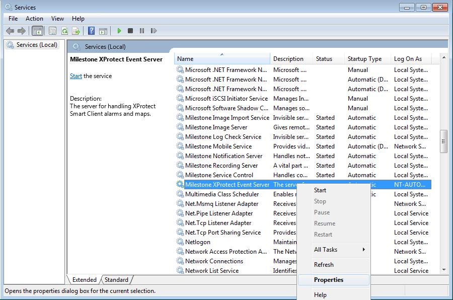 5 Milestone XProtect configuration 5.1 Configuration of the Milestone XProtect Event Server log on Set the XProtect Event Server log on to Log on as local system account. Proceed as follows: 1.