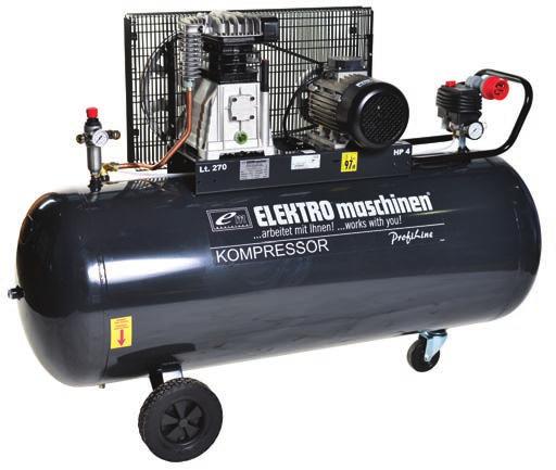 PROFESSIONAL LINE E 500/9/270 Two cylinder one-stage compressor pump with cast iron cylinders Belt driven Belt guard protection Condor switch Air cooler on the compressor pump (output) Pressure