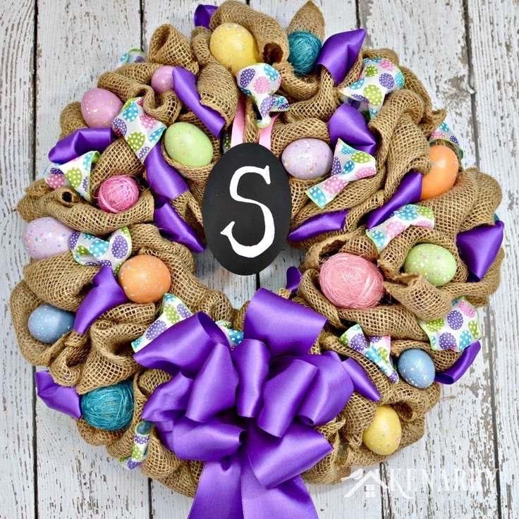 7. Purple Easter Wreath with Monogram Vibrant purple satin ribbon and faux