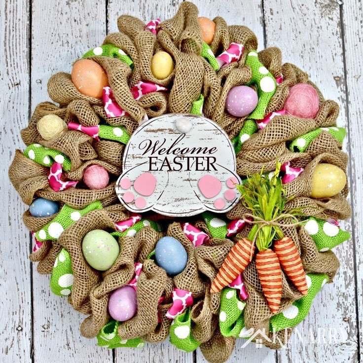 8. Bunny Rabbit Burlap Wreath for Easter The pink and lime green accent ribbons and store bought bunny butt sign on this burlap wreath are a great way to Welcome