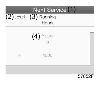 Next Service Text on image (1) Next service (2) Level (3) Running hours (4) Actual In the example above, the A Service level is programmed at 4000 running hours, of which 0 hours have