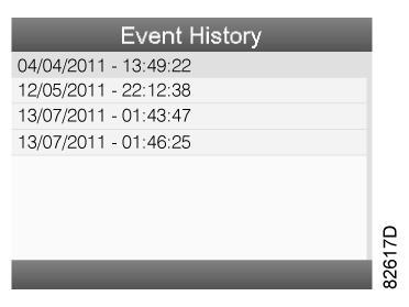 Example of Event History screen Scroll through the items to select the desired shut-down or emergency stop event.
