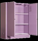 Each shelf is supplied with plastic spill trays to contain small spills and leakage. Additional powder coating of the shelving and closing assembly for added protection.