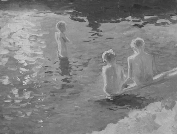 Artistic reflection of landscape participants Swimmers boys (about 1900) in summer in impressionist Johans Valters (1869-1932) painting [Source: the Latvian National Museum of Art collection,