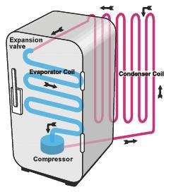 Household refrigerator /1 Four Main Components: Compressor, which increases the pressure of the refrigerant vapour, pushing it through the system, and increasing the vapour's temperature above that