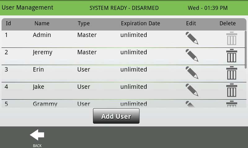 USERS USERS Access User Management through the Settings icon. USERS Add, delete, or edit names, access levels and individual user codes for those who access your system.