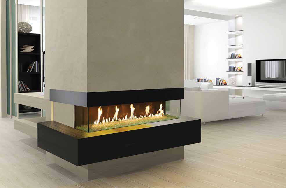 This fireplace features a contemporary three-sided glass design that showcases the fire from multiple ay Window view points and provides a dramatic focal point to any room.
