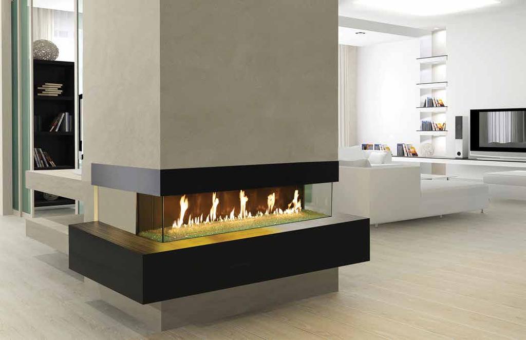 This fireplace features a contemporary three-sided glass design that showcases the fire from multiple view points ay Window and provides a dramatic focal point to any room.