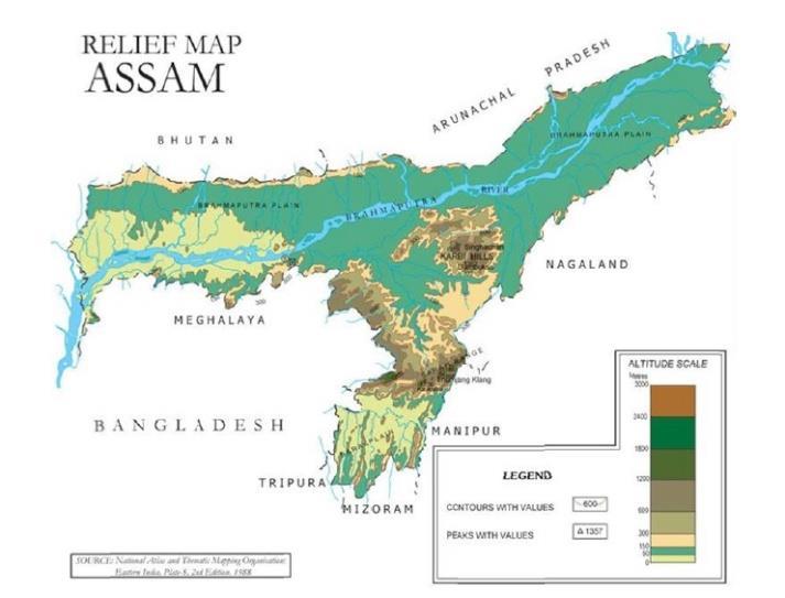 KANKANA N. DEV, NANDINENI RAMADEVI & NISHANT H MANAPURE 129 Figure 3 Map showing Topography of Assam. (Source: online.assam.gov.in/web/guest/topography of Assam) 7.