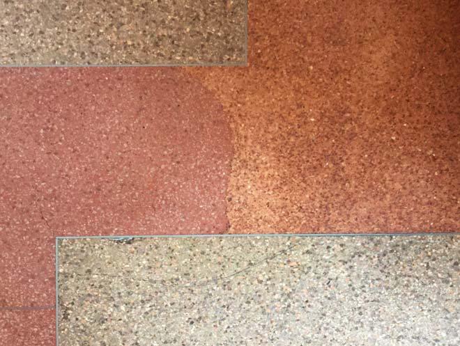 Terrazzo patch at location of former entry vestibule Differing terrazzo colors where lobby has been expanded REPAIR DAMAGED TERRAZZO FLOORING REPAIR DAMAGED TERRAZZO FLOORING, TYP REPAIR DAMAGED