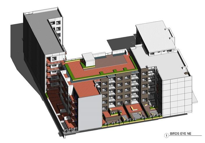Right: 3D views of the proposed buildings,