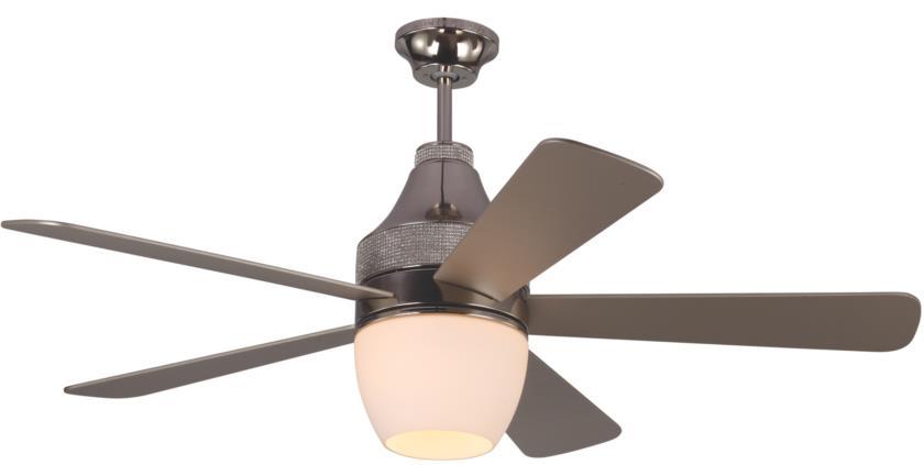 Inspired by the latest Hollywood Regency interior designs, this new Nikki fan by Monte Carlo has modern, crystal detail accents on housing to add luxury and glamour.