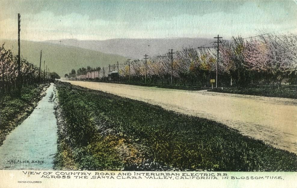 [115] Country Road and Interurban Railroad, 1908. The Peninsular Interurban Railway line to Saratoga was opened in 1903, offering a spectacular springtime experience for both residents and tourists.