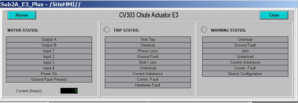 4.2.1 Chute Actuator E3 + for CV313 and CV303 Chute Gate Actuator When the Actuator E3 button is pressed, the following window will pop up showing the details of the E3+ relay: Push button to