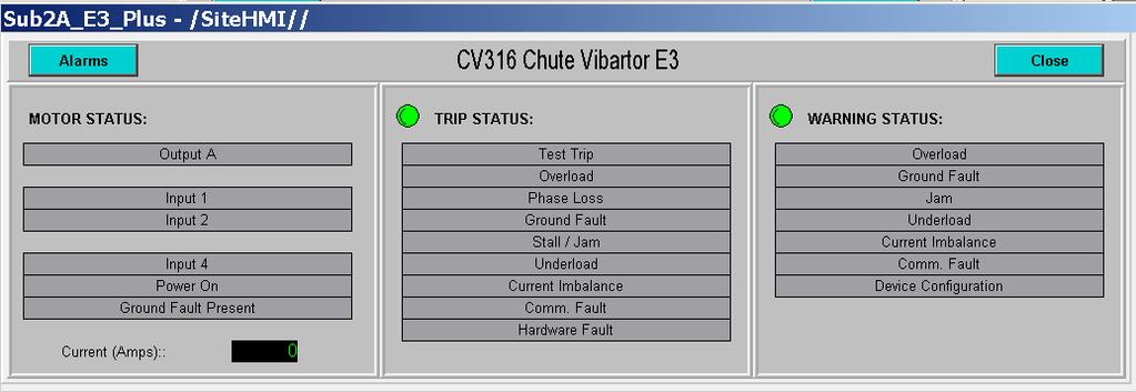 4.3.1 Chute Vibrator E3+ for CV303, CV313 and CV316 Push button to navigate to the filtered alarm page for CV316 Chute vibrator Pane with light boxes showing overall status of the motor and motor