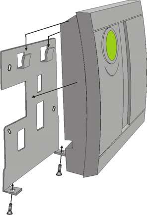 Figure 12: Mounting Magellan onto the Wall Plate B rubber stops prevent the console from sliding when Magellan is being used. To do so: 1. Place the console back plate flush against the wall plate. 2.