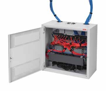 SPECIALTY CABINETS AND WALL-MOUNT RACKS L-BOX shown with PDU, patch panel and network switch D-BOX shown with PDU, angled patch panel, network switch and top-mounted fan WALL-MOUNT CABINETS AND