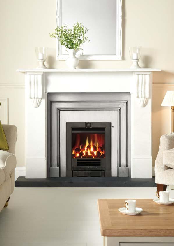 16 16 Logic Convector fire with Coal-effect fuel bed, shown with Winchester complete front in Matt Black with Slide Control.