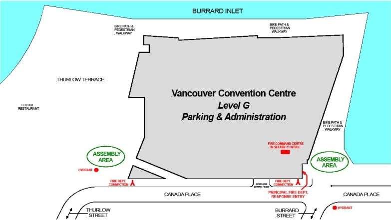 West Building Muster Stations Ground Level For attendees on all other floors of the West Building, the muster locations are as follows: Main entrance Burrard side at the District