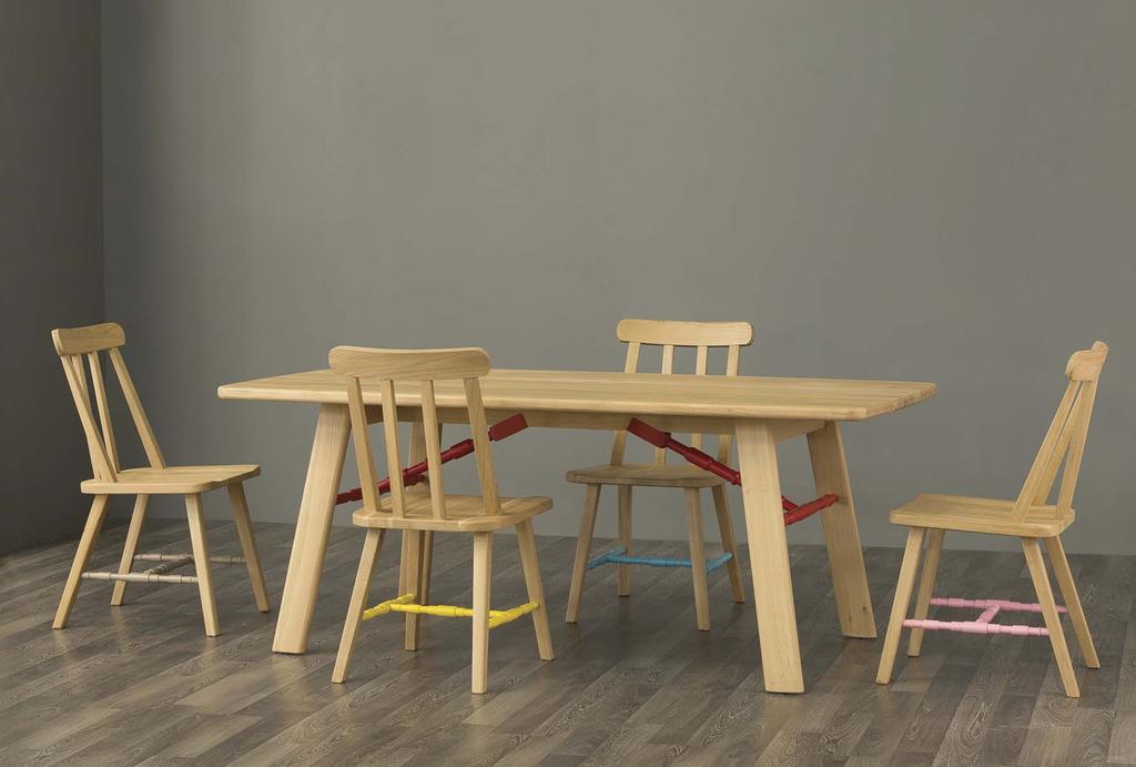 Affoltern Dining Robust and rustic-looking, the solid oak Affoltern dining table and Danja dining chairs are fresh and funky with their turned struts in paintbox-bright colours.