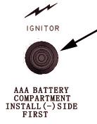 BATTERIES Make sure the control knob is in the "OFF" position. Unscrew the push button cap on the ignition module located on the control panel to access the battery compartment.