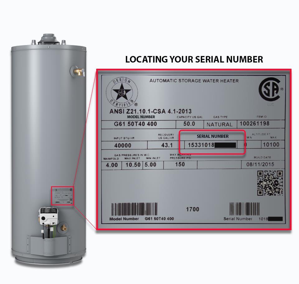 All water heaters are manufactured with a data plate that indicates the model and serial
