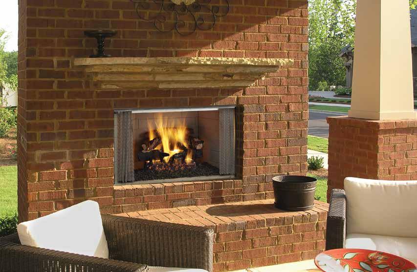 WOOD FIREPLES Villawood shown with standard stainless steel mesh, traditional brick interior and outdoor Fireside Realwood gas logs VILLWOOD OUTDOOR WOOD FIREPLE The Villawood is a wood-burning