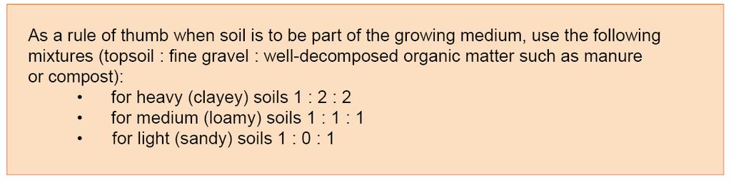 Using soil in your mixture Adjust your mixture based on soil type: Ratio of 3 main components TOPSOIL : FINE GRAVEL : ORGANIC
