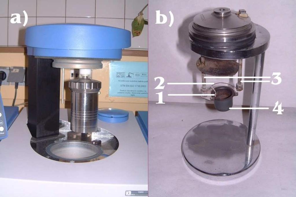 Figure 2. Calorimetric bomb a. Calorimetric bomb before the test b. Calorimetric bomb lid: 1. Ignition cotton thread 2. Ignition wire 3. Ignition electrode 4.