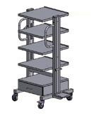 trolley with one drawer in upper part and two shelves, middle one fixed distance between shelves 240 mm flat table top and shelves manuvering handle oxygen bottle holders castors with diameter 100
