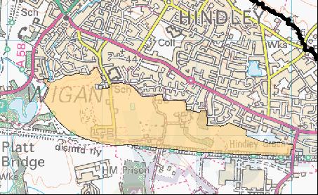 South of Hindley Broad location in Wigan Local Plan Core Strategy 2,000 homes, 12 has of employment land, through-road,