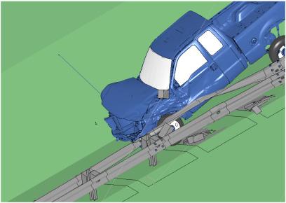 The single-faced guardrail performs effectively under a vehicular impact at 25 and 62 mph (100 km/hr), which is the standard Test Level 3 (TL-3) condition specified in MASH.
