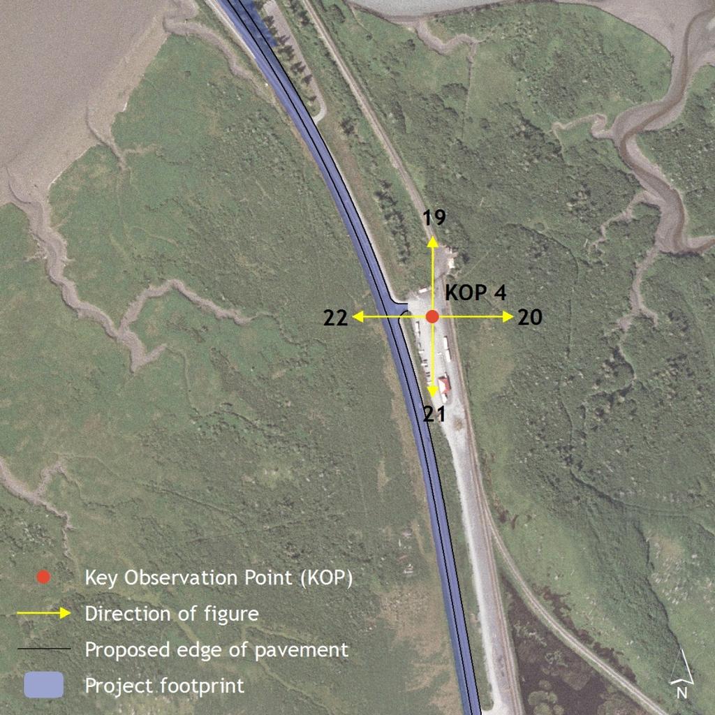 Seward Highway 75 to 90 Anticipated impacts Figure 23. Aerial view of KOP 4. Foreground: Looking north, the highway will be shifted slightly to the east.