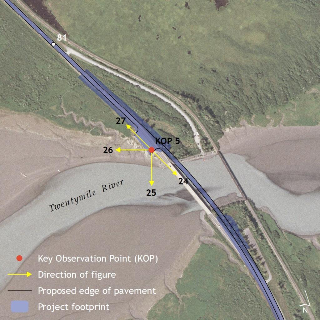 Seward Highway 75 to 90 Anticipated impacts Figure 28. Aerial view of KOP 5. Foreground: Looking southeast, the bridge across the river will be shifted 75 feet to the east.