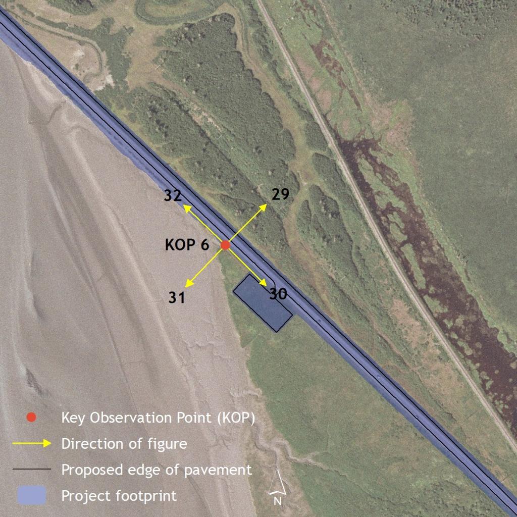 Seward Highway 75 to 90 Anticipated impacts Figure 33. Aerial view of KOP 6. Foreground: A parking lot will be constructed on the inlet side of the highway (southeast from KOP 6).