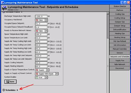 View and Edit Time Schedules On the Setpoints and Schedules tab, scroll down to the Schedules heading. Click on the double arrows to reveal the schedule entries for the unit controller.