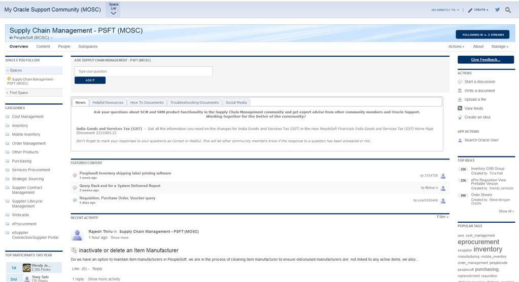 My Oracle Support Community (MOSC) Idea Space - Create Ideas - Vote on Ideas - Discussion Board - Search for topics -