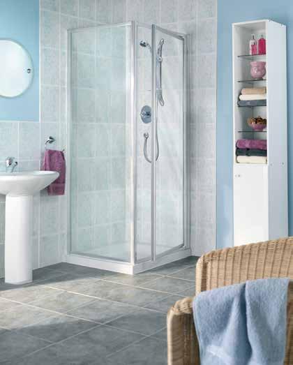 Wickes 760mm shower trays Corner Entry White Frame / Frosted W 760 x D 760 x H 1850mm 4mm toughened safety glass 20mm adjustable profile for ease of fit to a sloping wall Full length magnetic strip